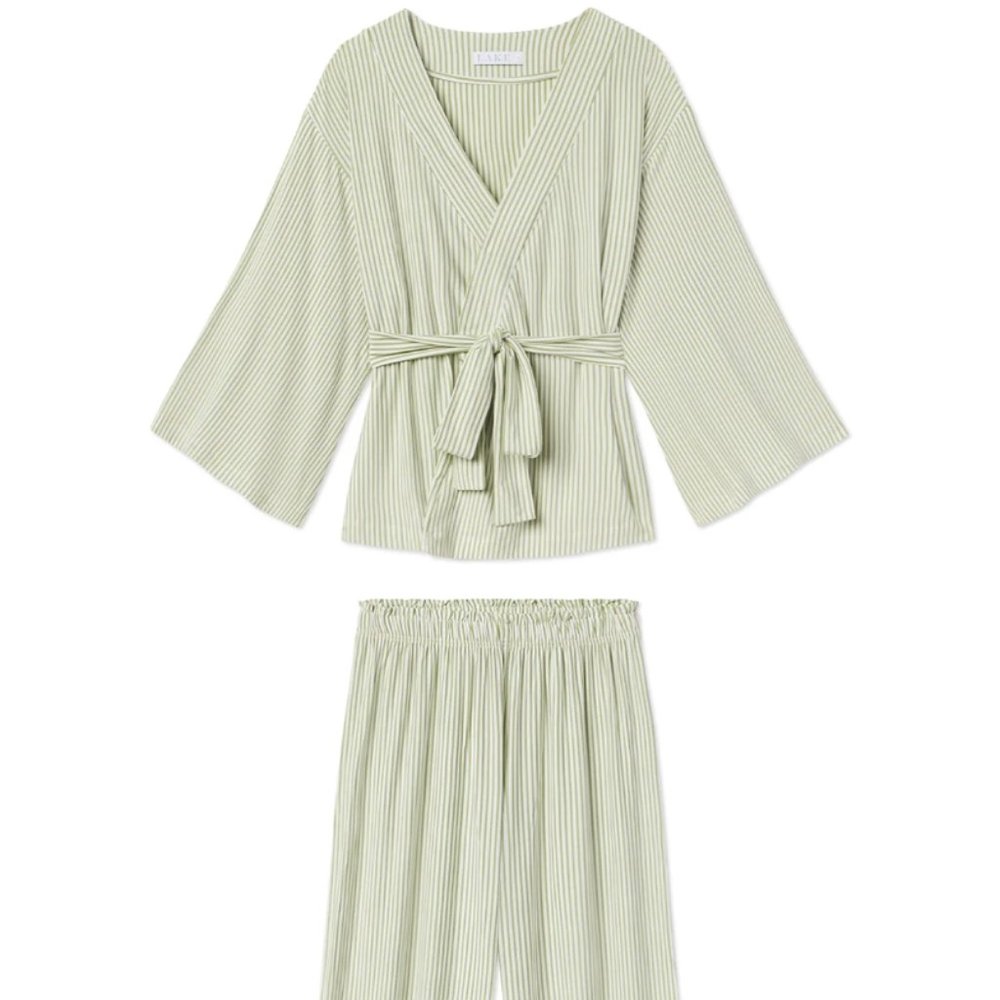 NWT w/ Gift Box! LAKE Pajamas DreamKnit Kimono Pajama Set Modal Stripes Fern, LG